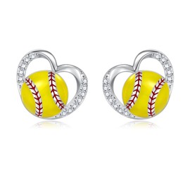 Sterling Silver Softball Earrings for Women: Heart Softball Stud Earrings Sports Jewelry Gifts for Softball Lover