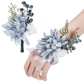 YSUCAU Corsage and Men Boutonniere Set for Wedding Dusty Blue Corsages Wristlet Band Bracelet for Wedding Mother of Bride and Groom, Prom Flowers (Dusty Blue)