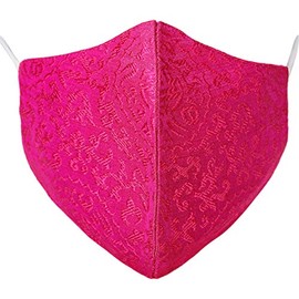 Exotic India Woven Design Two ply Fashion Mask from Banaras with the Eight Symbols of Good Fortune (Tib. Bkra-shis rtags-brgyad, Skt. Ashtamangala) - Color Fuchsia FedoraColor One Size fits Most