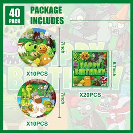 40Pack Plants Zombies Birthday Party Supplies include 20 plates, 20 napkins for Plants Zombies party decoration