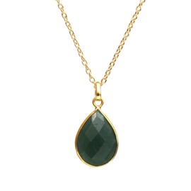 Gempires Green Jade Pear Shaped Teardrop Crystal Necklace, Bezel Pendant Necklace, Natural Gemstone Drop Necklace, Everyday Wear, Gift for Wife, Adjustable Length 16 + 2 inch