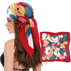 vimate Red Satin Head Scarf - Ladies Fashion Printed 27'' Silk Square Neck Scarves Bandana for Women Hair Head Scarf (Style 52)