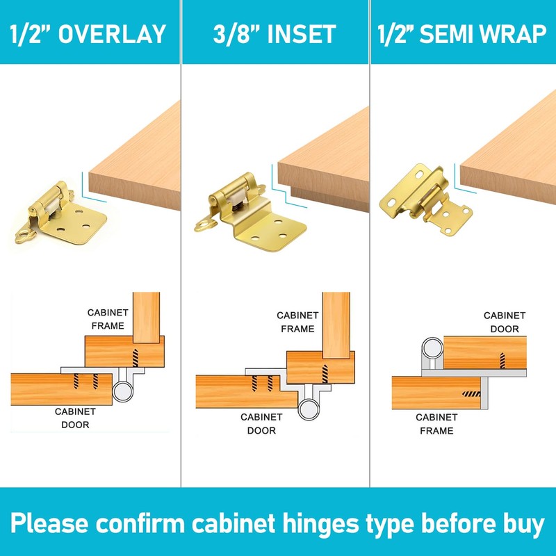 1/2" Overlay Brass Gold Cabinet Hinges, (25 Pairs - 50