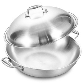 LOLYKITCH 14.5 Inch Tri-Ply Stainless Steel Wok Pan with Steel Lid,Deep Frying Pan,Jumbo Cooker,Induction Cooking Pan,Dishwasher and Oven Safe