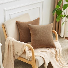 GAWAMAY Decorative Chenille Throw Pillow Covers 24x24 Inch Pack of 2, Soft Square Couch Pillow Cover for Sofa Cushion Living Room Bedroom Solid Dyed Pillowcases Brown 60x60cm (ONLY Covers)
