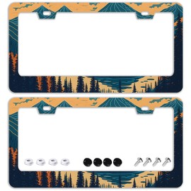 Mountains Forest License Plate Frames - 2 Pcs Set 2 Holes Stainless Steel Metal Novelty Auto Car Accessories Decoration License Plate Frame Cover Size 6.3" x 12.2" Fit US Vehicles for Women Men Gift