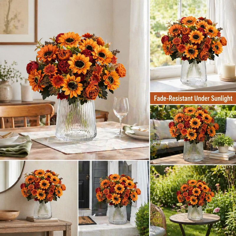 2 Bunches Autumn Artificial Flowers Sunflowers Orange Fake Peony Bouquet