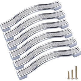 Sinyiol Bling Crystal Door Drawer Pulls Handle Knobs, 6 Pack Modern Europe Style Square Grind Arenaceous Rhinestone Pulls for Dresser Wardrobe Cupboard Closet Cabinet (Hole Distance 5.0", Silver)