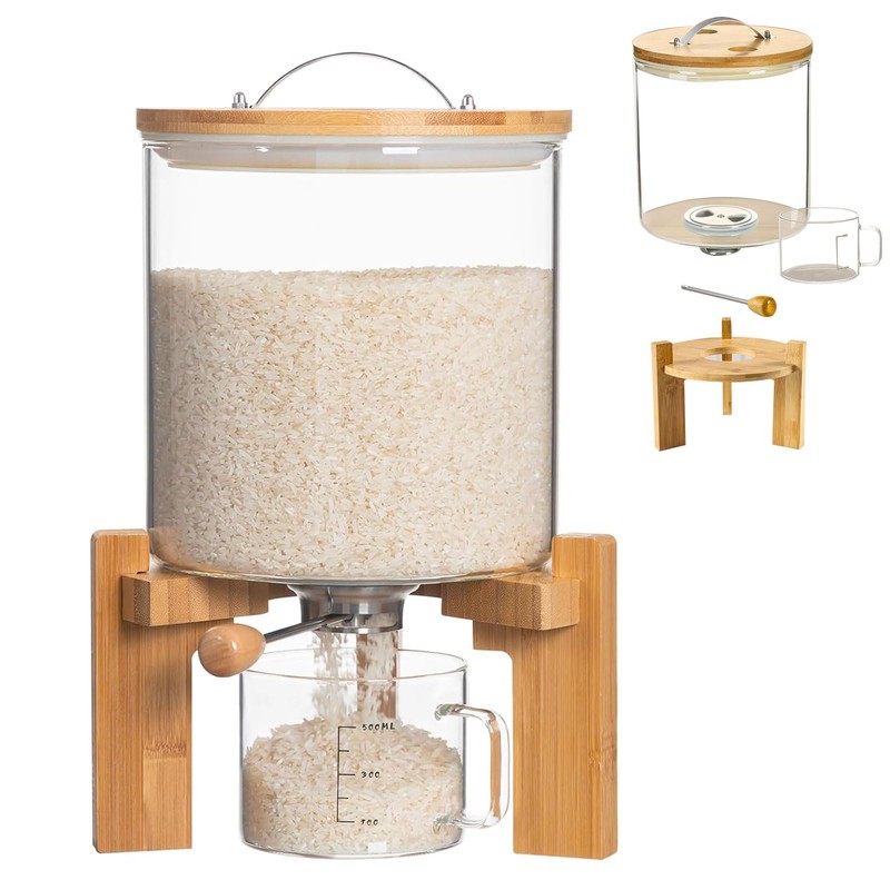 SCENEN Glass Rice Dispenser 5L, Cereal Dispenser Countertop, Grain Dispenser/Food