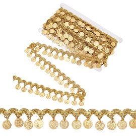 OLYCRAFT 10 Yards/9.1m Gold Coin Shape Trim Sequins Lace Tassel Fringe Trim 4cm Width Sequins Tassel Lace Ribbon Fringe Dance Dress Belt Chain for Clothes Decoration Party Accessories