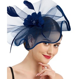 Hrxcrzco Tea Party Fascinator Hats for Womens 50s Floral Feather Headwear Derby Hats for Wedding Cocktail Party Hat, Navy Blue