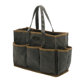 Tool Tote Bag, Heavy Duty 16oz Waxed Canvas Garden Tool Bag | Portable 11-Pocket Tool Storage Bag for Gardener Electrician Contractor Repairman (14"L x 5.5"W x 10.5"H) – Army Green