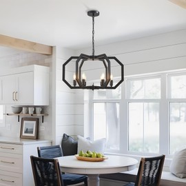 Lanhall 6 Light Farmhouse Chandelier Black Dining Room Light Fixture Modern Rustic Geometric Hanging Pendant Light for Living Room, kitchen Island, Foyer, Entryway, Hallway, Stairway Adjustable Height