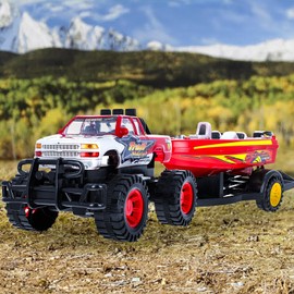 Kidplokio Friction Power Off Road Monster Toy Truck Speed Boat with Trailer Hitch, Red, Boys, Ages 3+