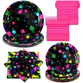 Spiareal 100 Pcs Glow Party Supplies Neon Party Plates Napkins Tableware Neon Glow Birthday Colorful Graffiti Party Decoration Favor (Fluorescent Style) 7'' and 9''