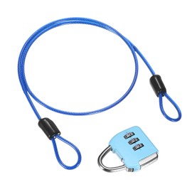 M METERXITY 1-Set Security Cable Lock with 3 Digit Combination Lock, 1.64FT PVC Coated Steel Luggage Lock Wire Rope for Luggage Suitcase/Outdoor Travel/Bike, Double Loop Cable [Blue]