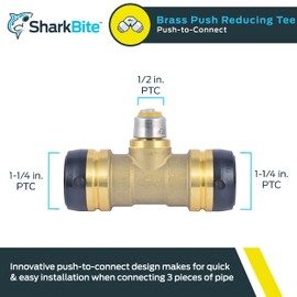 SharkBite 1-1/4 Inch x 1-1/4 Inch x 1/2 Inch Reducing Tee, Push To Connect Brass Plumbing Fitting, PEX Pipe, Copper, CPVC, PE-RT, HDPE, UXL08353516