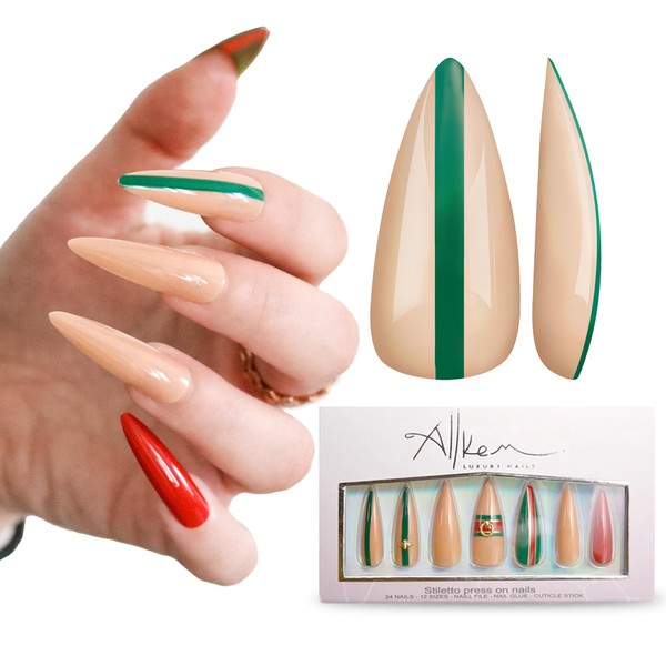 Allkem Bee Stripe Sculpted Stiletto Press on Nails | Glossy Extra Long Stiletto| 10 sizes - 20 pcs Nail kit with Glue