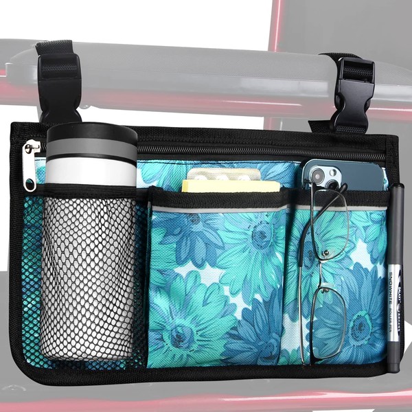 Wheelchair Storage Bag, Armrest Bag with Cup Holder and Reflective