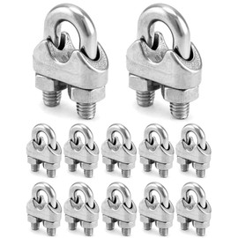 QWORK 1/4" Wire Rope Clamp Clip M6, 12 Pack Large U Bolt Saddle Guy Fastener, 304 Stainless Steel Fastener Cable Clamps, Connect 2 Layers of Wire to Form a Loop