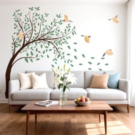 WRENYZK 4 Sheets Tree Wall Sticker Decal, 5 Pcs Wooden Flying Birds Wall Decor, Boho Art Stickers, Large DIY Peel and Stick Flying Leaves Decoration for Bedroom Living Room Background (Yellow)