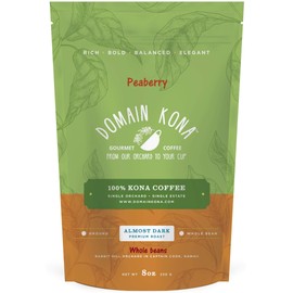 100% Kona Coffee PEABERRY – Whole Bean, Almost Dark roast, Single estate gourmet coffee, 8 ounces, ships direct from Domain Kona Coffee, farm fresh