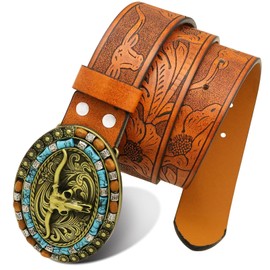 Yjfeshion Mens Western Leather Buckle Belt, Bull Head Engraved Brown Cowboy Belts With LongHorn Bull Buckles, 1-1/2 Inch Wide, S