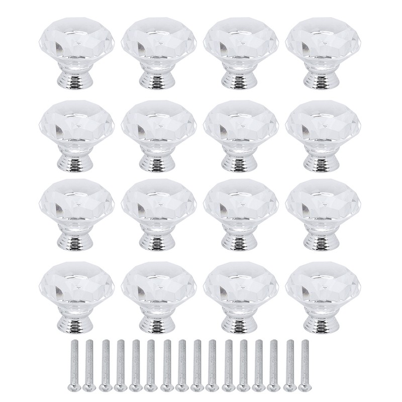 16Pcs Crystal Glass Cabinet Knob Diamond Shape 40mm Drawer Cupboard