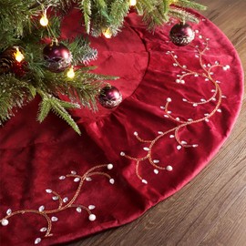 Bunny Chorus Christmas Tree Skirt, 60 inches Classic Large Velvet Fur Plush Red Tree Skirt, Baroque Tree Skirts with Gold Embroidered Pearls and Crystals for Merry Christmas
