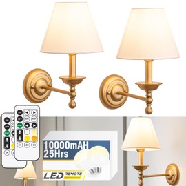 TREELAND Antique Brass Wall Sconce 10000 mAh Battery Operated Wall Light Set of Two, 25-60 Hours Battery Life Remote Control Dimmable Rechargeable LED Bulb, 16 Color Temps LED for Bedroom Living Room