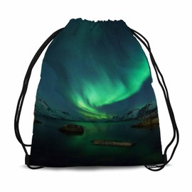 Sotunad Drawstring Backpack Northern Lights Lightweight Gym Backpack Lake with Stone Sky Full Of Stars Mountain for Women Men 14x16.9 Inch
