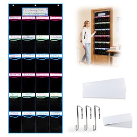 Loyipu Classroom Headphone Organizer – 24 Mesh Pockets with Name Tags, Hanging Headset Storage with 3 Door Hooks for Computer Lab & Testing (Classroom Rainbow Trim on Black Mesh)