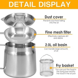 68oz Stainless Steel Bacon Grease Container with Strainer, Cooking Oil Storage Can with Mesh Filter, Lid and Easy-Grip Handle,Fat Separator for Storing Fats, Frying Oil and Cooking Grease (2L)