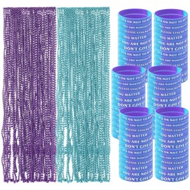 WinnerWhy 216 Pcs Suicide Prevention Awareness Set - Including 72 Silicone Bracelets 144 Teal and Purple Bead Necklaces for Suicide Prevention Awareness Day Charity Campaign Supplies