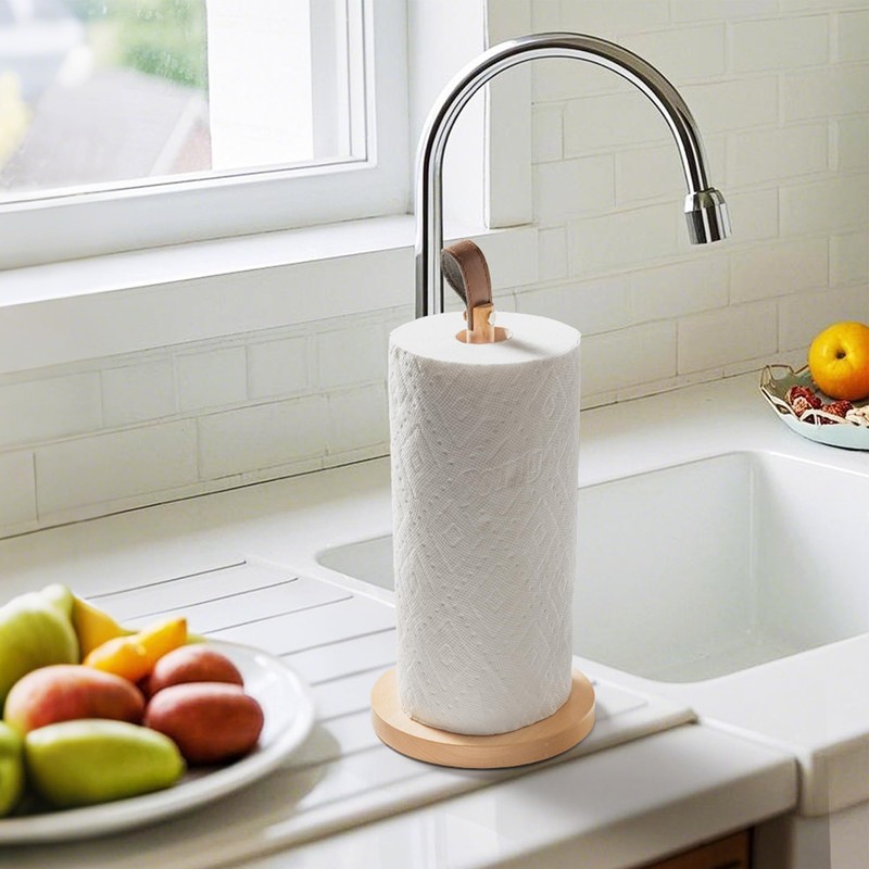 WORHE Wooden Paper Towel Holder with Leather Handle 1 Pack