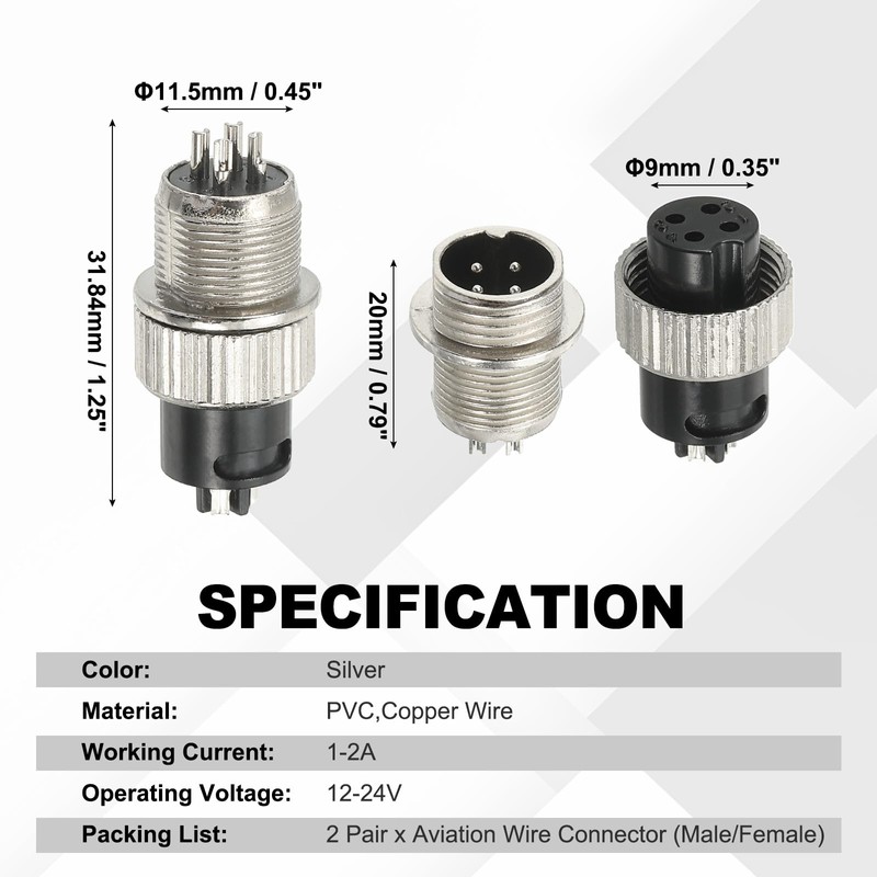 PATIKIL Aviation Connector Plug, 4 Pin Metal Male Female Panel