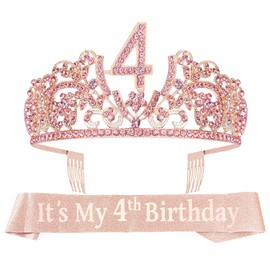 VeryMerryMakering 4th Birthday Sash and Tiara for Girls - Fabulous Glitter Sash + Flowers Rhinestone Pink Premium Metal Tiara for Girls, 4th Birthday Gifts for Princess Party