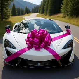 Big Car Bow Glossy Pink Red, 20 inch Round Shape Present Cars Bows, Birthday Bow, Giant Bow for Cars Decor New Houses Present Wrapping Decor DIY