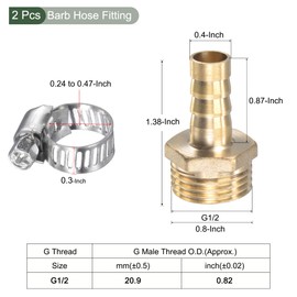 YOKIVE 2 Pack Barb Hose Fitting, Brass Barbed Air Hose Connector Adapter with Hose Clamp, Great for Transporting Water Fuel (10mm x G1/2 Male)