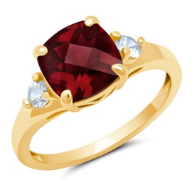 MAX + STONE Cushion Cut Red Ruby Three Stone Ring for Women in 10k Yellow Gold with Created White Sapphire Accents and July Birthstone Size 9