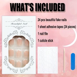 French Tips Press on Nails Square Short White Fake Nails Glossy Nude Glue on Nails Natural Acrylic Nails Press on Artificial Nails Simple Design Full Cover Stick on Nails for Women Girls 24Pcs