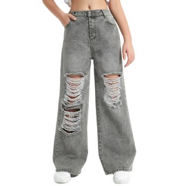 EXARUS Girls Wide Leg Jeans Baggy Denim Pants Ripped Distressed High Waisted Teen Casual with Pockets Kids Washed Grey 10Y