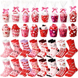 Foaincore 16 Set Valentine's Day Cupcake Socks Gifts for Women Angel Heart Print Cotton Socks Cute Funny Cupcake Socks with Gift Packaging Fluffy Socks for Women Wife Mother Gifts