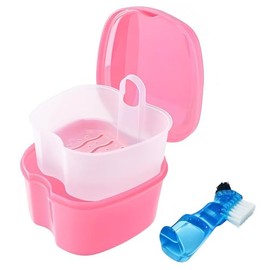 Keedolla Estuche de limpieza para dentaduras dentales, contenedor de retención dental de ortodoncia, soporte para dentadura, tazas de remojo para viajes, camping, oficina, color rosa