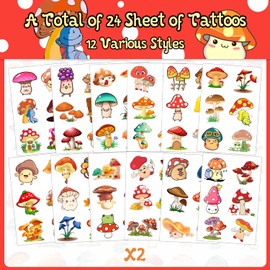 (144PCS) Mushroom Temporary Tattoos Stickers for Mushroom Party Favor Birthday Party Decorations supplies Gifts for Boys Girls 24 Sheet
