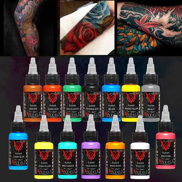 UMIKAkitchen 14 Pieces Tattoo Inks, 14 Colours Set 1 oz 30 ml/Bottle Tattoo Ink Pigment Kit for 3D Makeup Beauty Skin Body Art