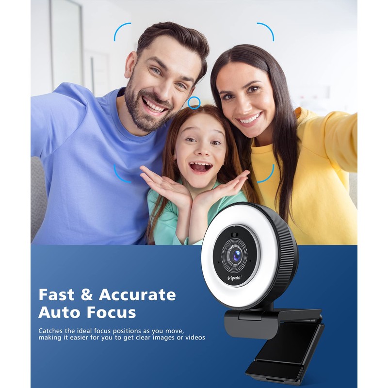 Spedal 4K Webcam with Ring Light, Built-in Privacy Cover and