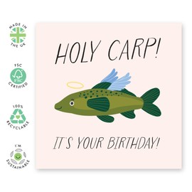 Funny Fish-Themed Birthday Card for Women Men – ‘Holy Carp!’ – Humorous Gifts for Friends, Colleagues, Coworkers, Bestie, BFF, Mum, Dad, Brother, Sister, Fishing Lovers - Comes with Stickers