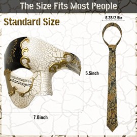 HyperFun Phantom of The Opera Mask and Silk Necktie Set - Venetian Half Face Masquerade Mask for Costume Parties (Earl of Black Gold)
