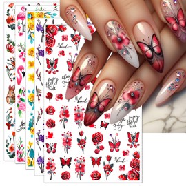 IDDFEVE Flower Butterflies Nail Art Stickers - Red Pink Purple Yellow Floral Self-Adhesive 3D Flamingo Bunny Nail Decals for DIY Spring Summer Manicure (5 Sheets)